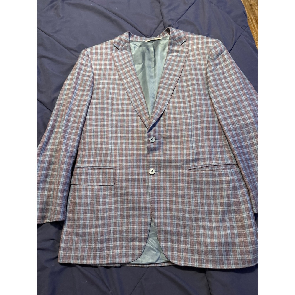 Canali 1934 Mens 42R Sport Coat Plaid Wool Silk Linen Blazer Made in Italy Blue